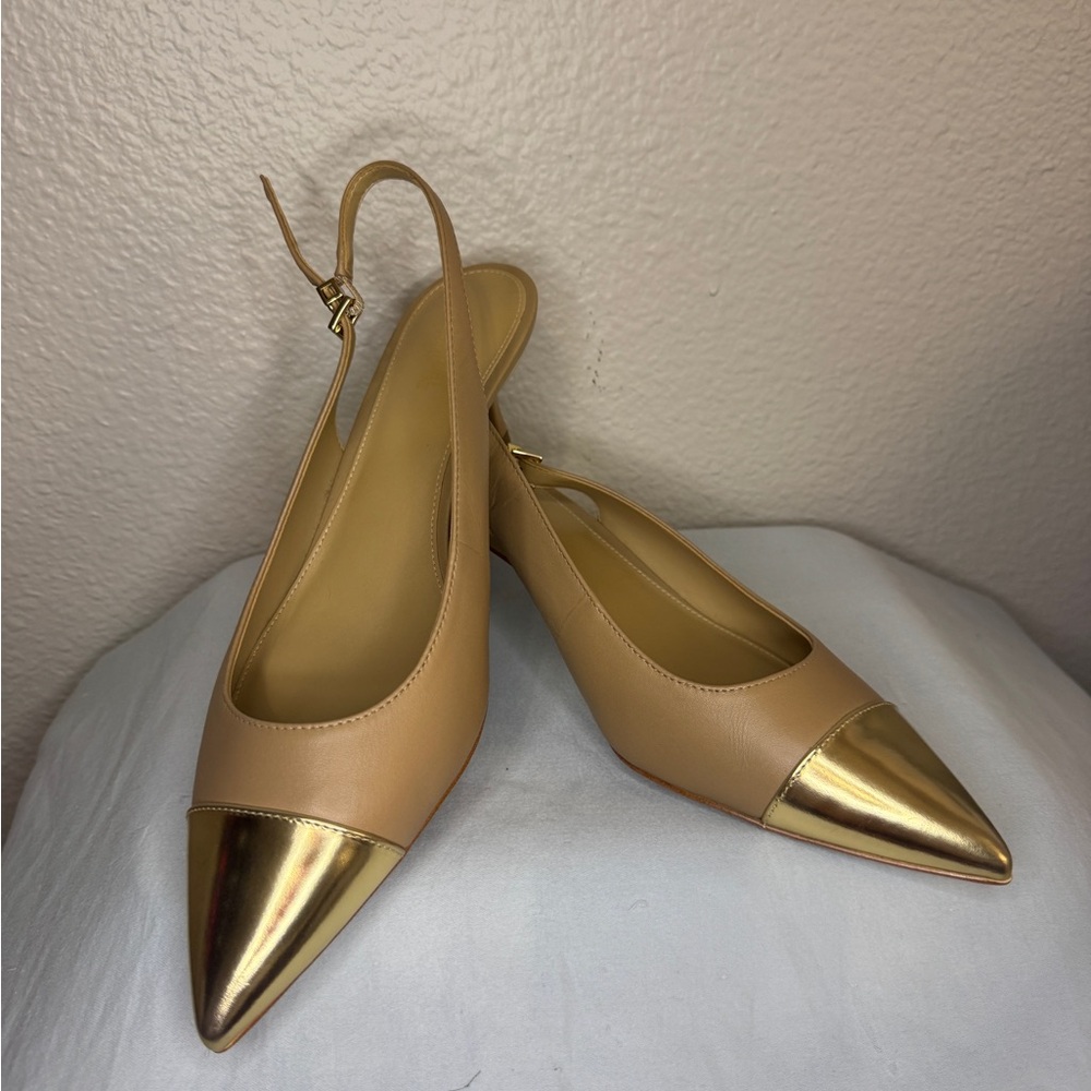 Michael Kors Slingback Kitten Heels Gold Cap Toe Nude Size 8